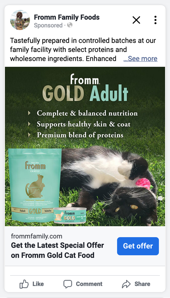 Facebook ad preview Gold Cat Full Line - Adult Gold info with a Tuxedo cat in the grass