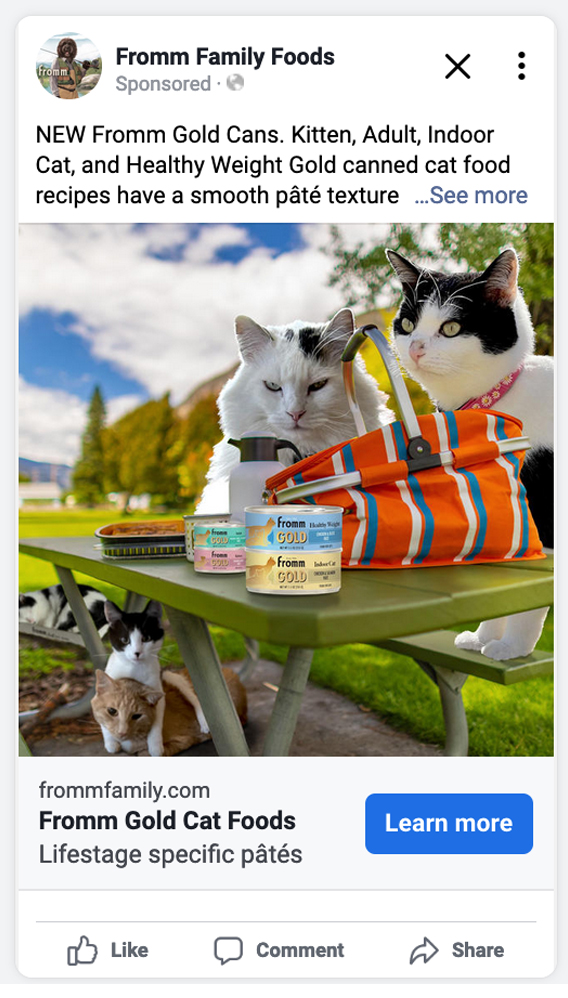 Facebook ad preview Gold Cat Cans - cat family on a picnic