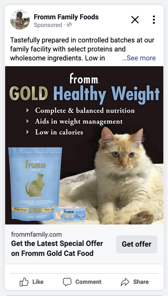 Facebook ad preview Gold Cat Full Line - Healthy Weight Gold info with MoMo