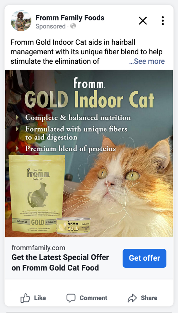 Facebook ad preview Gold Cat Full Line - Indoor Cat Gold info with Mr Lodi